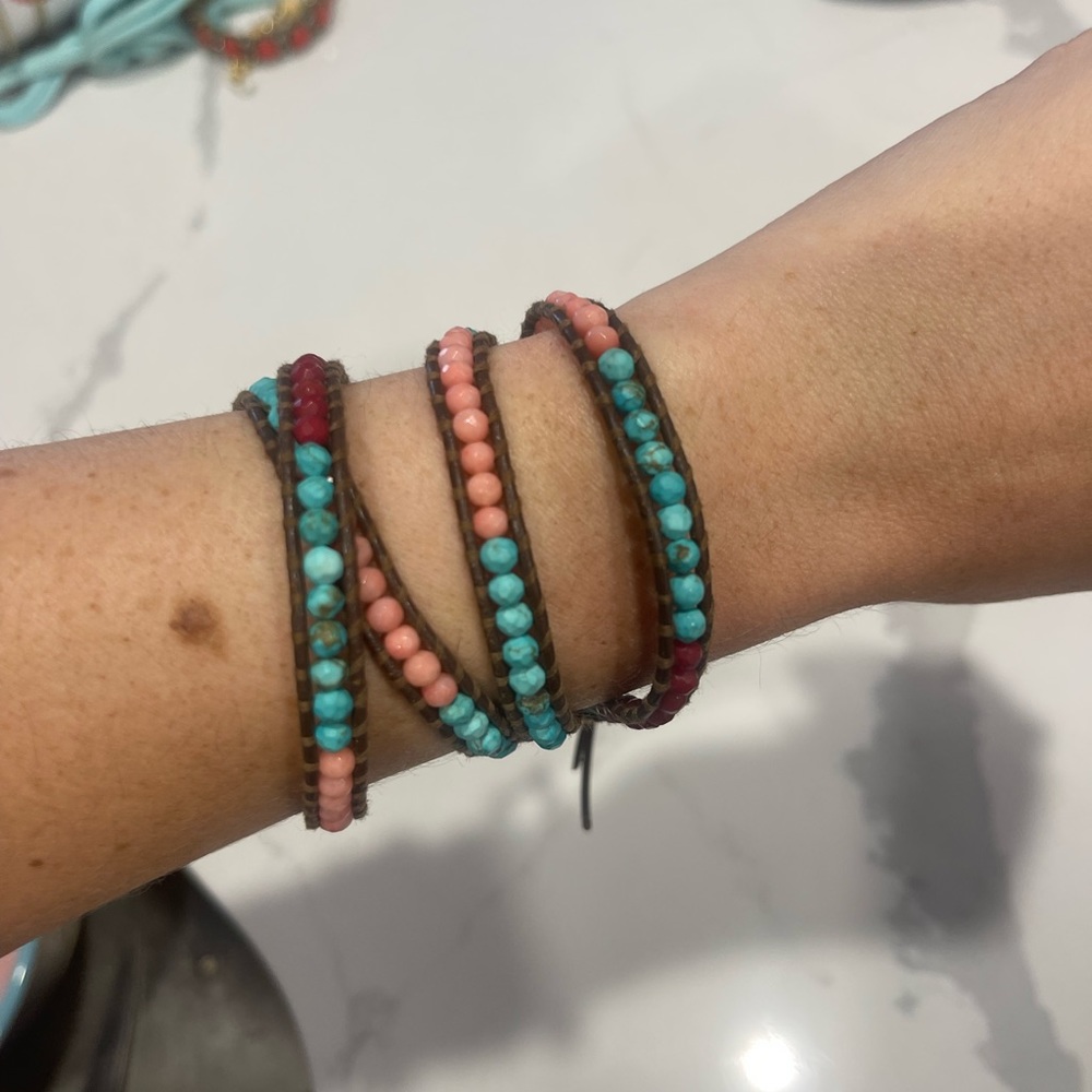 coral, turquoise, and red beaded wrap bracelet